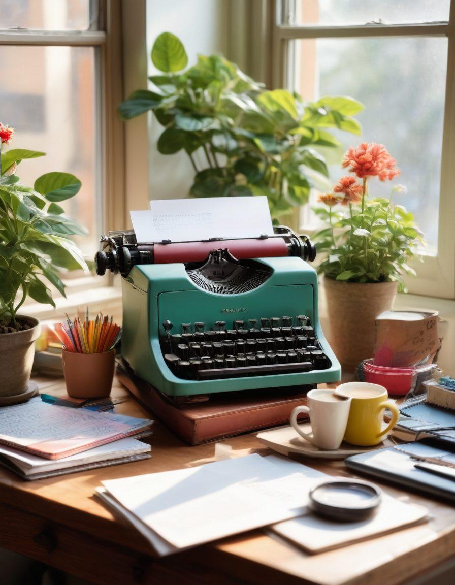 A bustling creative workspace filled with colorful notebooks, a vintage typewriter, and a glowing computer screen displaying an open blog editor. Soft sunlight streams through a window, illuminating a steaming cup of coffee beside a blooming plant, symbolizing growth and inspiration. Include whimsical doodles of ideas and tips floating around the scene. vibrant colors. cozy atmosphere. super-realistic.