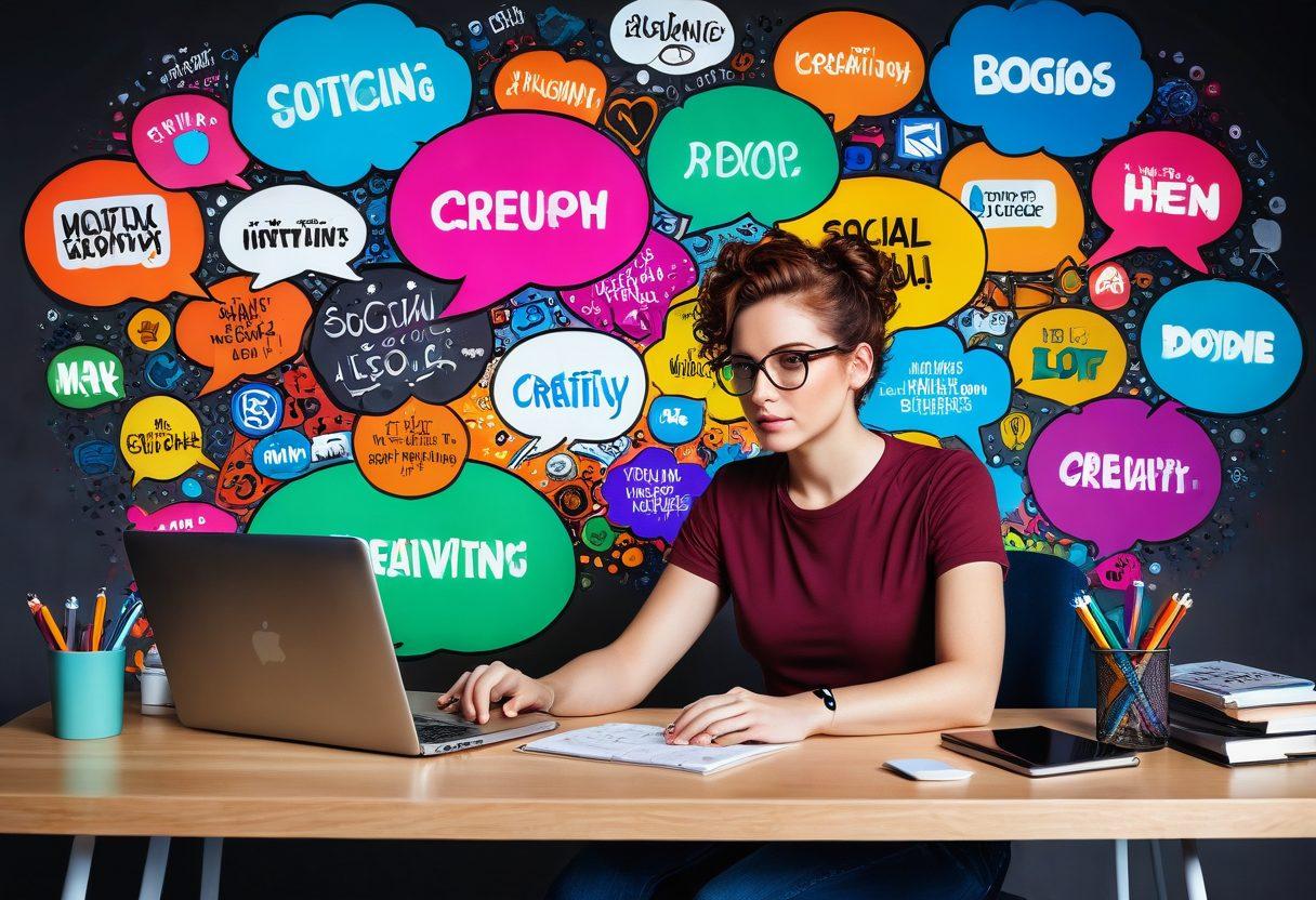 A confident individual sitting at a modern desk, passionately typing on a laptop with a microphone beside them, surrounded by colorful thought bubbles filled with blogging ideas and digital icons like social media symbols. In the background, a wall adorned with inspirational quotes about creativity and expression. The scene should convey energy, inspiration, and innovation. super-realistic. vibrant colors. digital art.