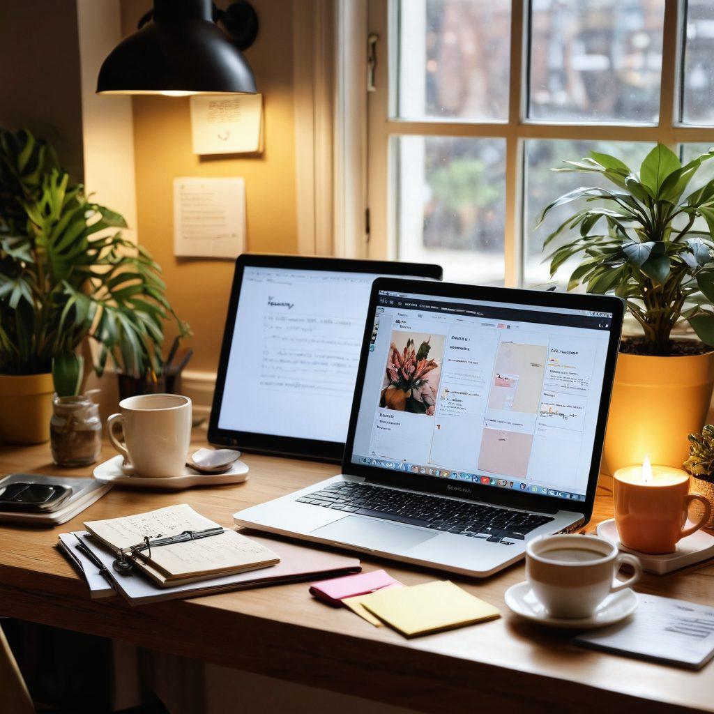 A cozy workspace featuring a laptop open to a beautifully designed digital diary interface, surrounded by vibrant stationery, a steaming cup of coffee, and inspirational quotes on sticky notes. Soft, warm lighting enhances the inviting atmosphere, while personal touches like family photos and plants bring a homely feel. The scene captures creativity, organization, and the journey of turning passion into engaging posts. super-realistic. warm colors. cozy ambiance.